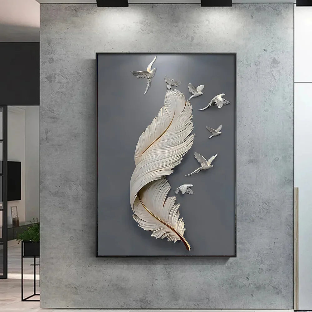 Seven Birds Feather Wall Art Fine Art Canvas Prints 3d Visualisering Minimalistisk Abstrakt Bilder For Stue Entré, Foyer Kunst Dekor | Skanto