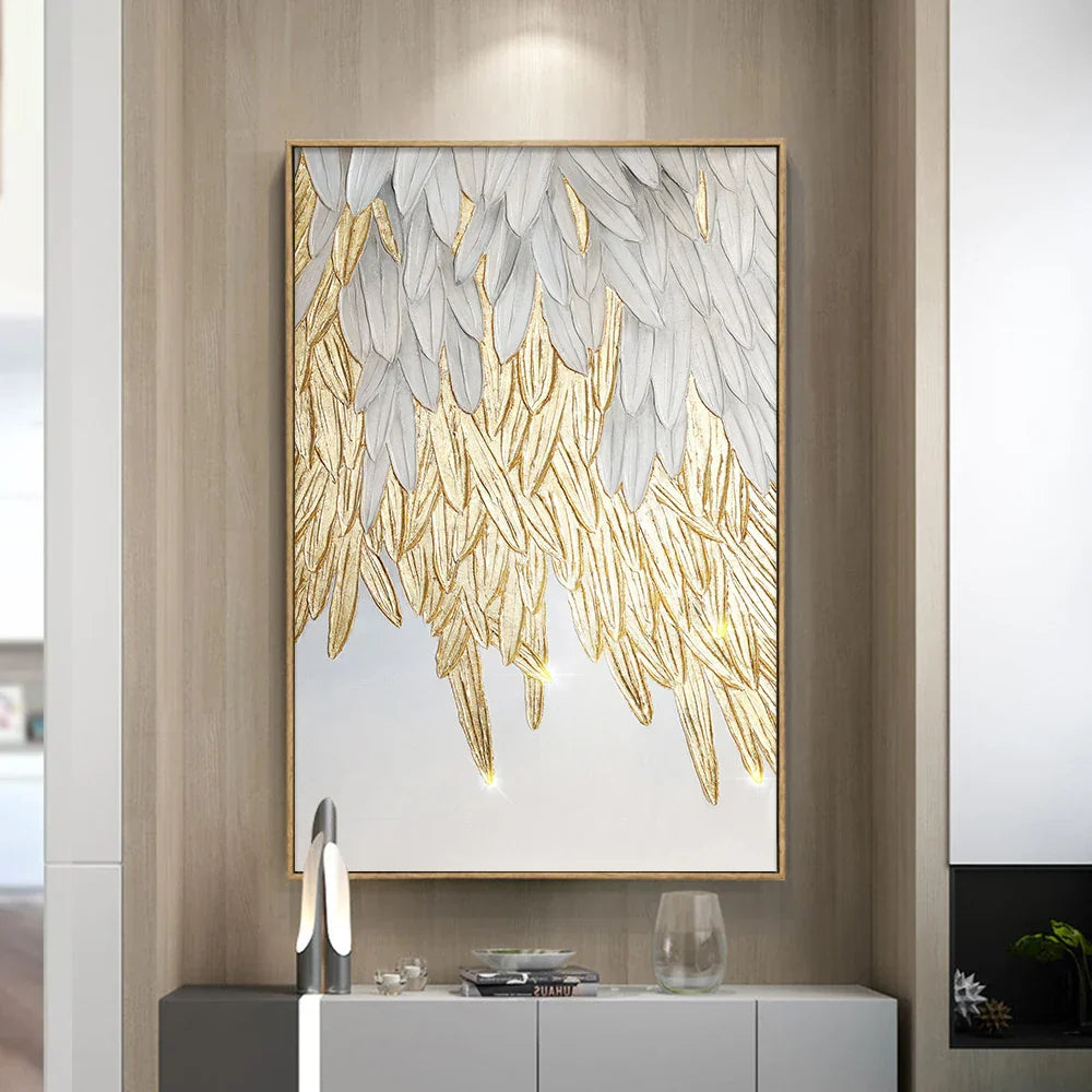 Moderne Abstrakt Gylden Fjærdesign Veggkunst Fin Kunst Lerretsutskrifter Bilde For Luksus Stue Soverom Entré Foyer Kunst Dekor | Skanto