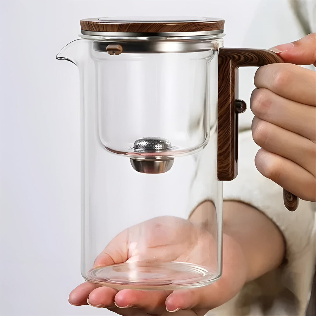 Glasstekanne med trehåndtak – filter med ett klikk | Ideell for løs te og Pu-erh-te