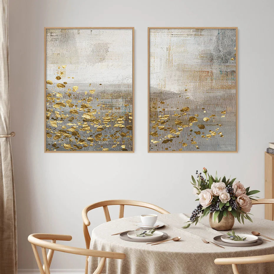 Beige Grå Gylden Prikkete Vintage Abstrakt Veggkunst Fine Art Lærredsutskrifter Samtidsbilder for Elegante Interiører | Skanto