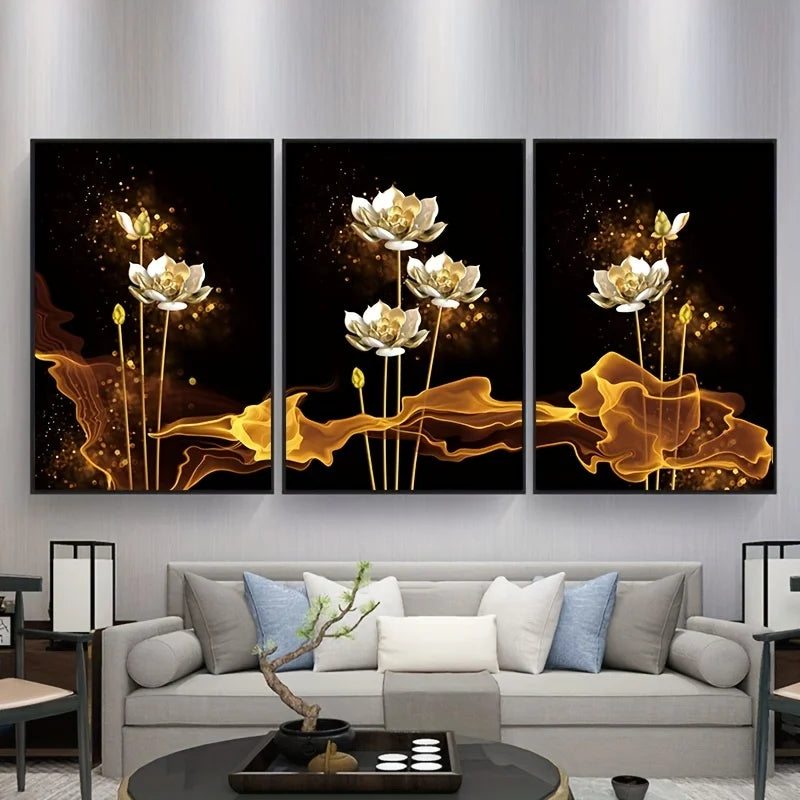 Sett med 3PCs Hvit Gylden Lotus Eksotisk Blomster Veggkunst Fin Kunst Lerret Utskrifter Eksotiske Botaniske Bilder for Luksuriøs Stue Spisestue Soverom Kunst Dekor | Skanto