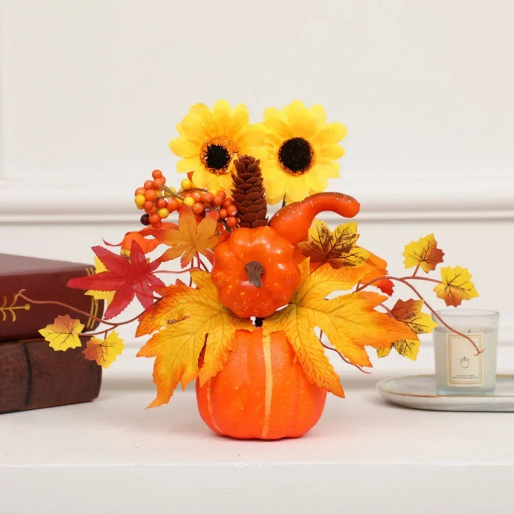Skanto | Høstmagi | Dekorativ gresskar med kunstige blomster | 25–30 cm | Høst- og Halloween-dekor
