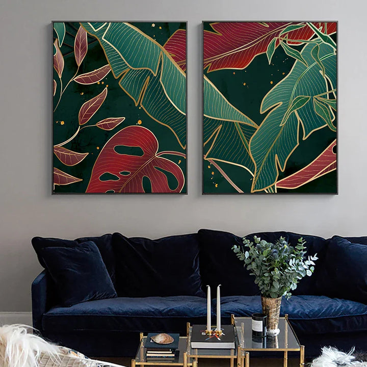 Moderne Abstrakt Tropisk Botanikk Veggkunst Fine Art Lærred Utskrifter Røde Grønne Palm Blader Plakater Bilder For Stue Hotell Rom Decor | Skanto