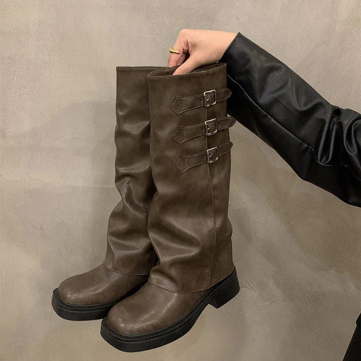 Skanto | Retro Stil Kne-Høye Støvler Kvinner Mote Kvinner Slip-On Ridder Lange Støvler Høst Vinter Kvinner Fottøy