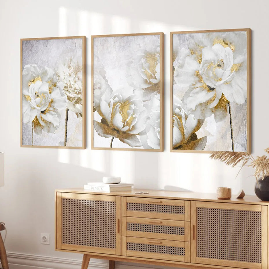 Opulent Blossoms Elegant White Flowers with Gold Accents Canvas Wall Art Fine Art Canvas Prints Posters Floral Pictures For Modern Living Room | Skanto