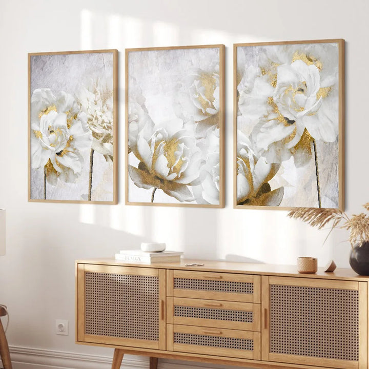 Opulent Blossoms Elegant White Flowers with Gold Accents Canvas Wall Art Fine Art Canvas Prints Posters Floral Pictures For Modern Living Room | Skanto