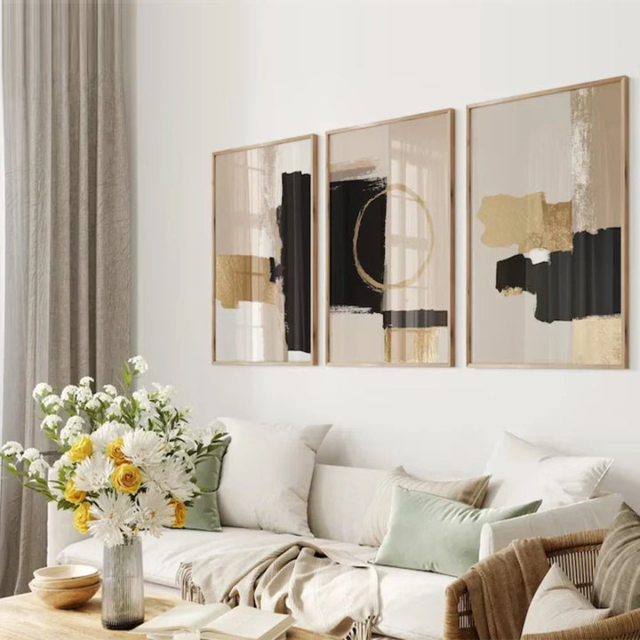 Svart Beige Gylden Fargeblokk Abstrakt Veggkunst Kunstneriske Lerretsutskrifter Moderne Bilder For Stue Soverom Samtidsinteriør Dekor | Skanto