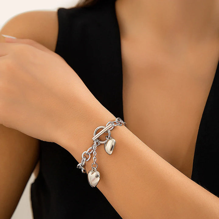 Skanto | Bold Chunky Chain Link Dual Heart Lariat Halskjede & Armbånd