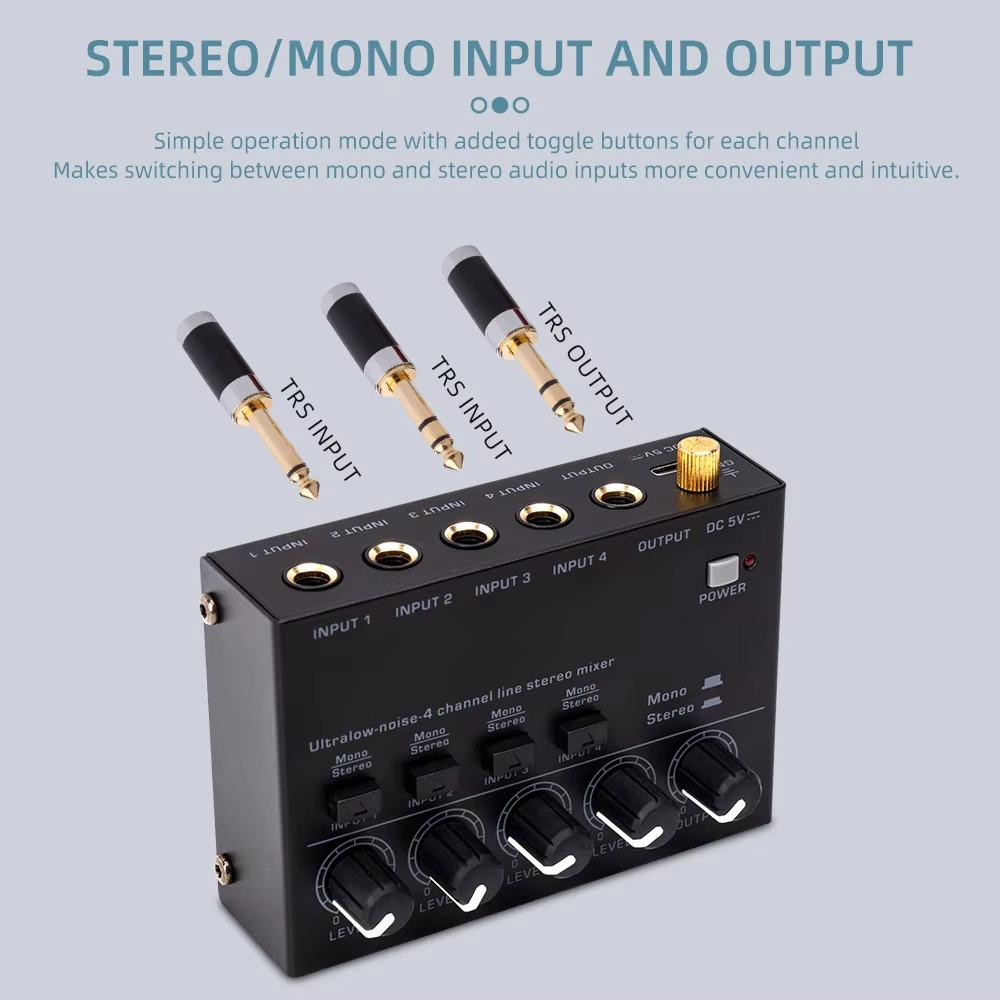 Ultrakompakter 4-Kanal-Audiomixer med lyd og stereoanlegg