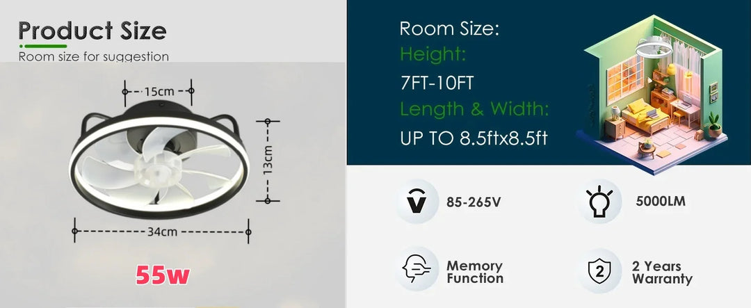 Moderne LED Taklampe Vifte med DC-motor - 6 Hastigheter, Timer, Lav Etasje Loftsvifte, Fjernkontroll Dekorativ Lys | Skanto