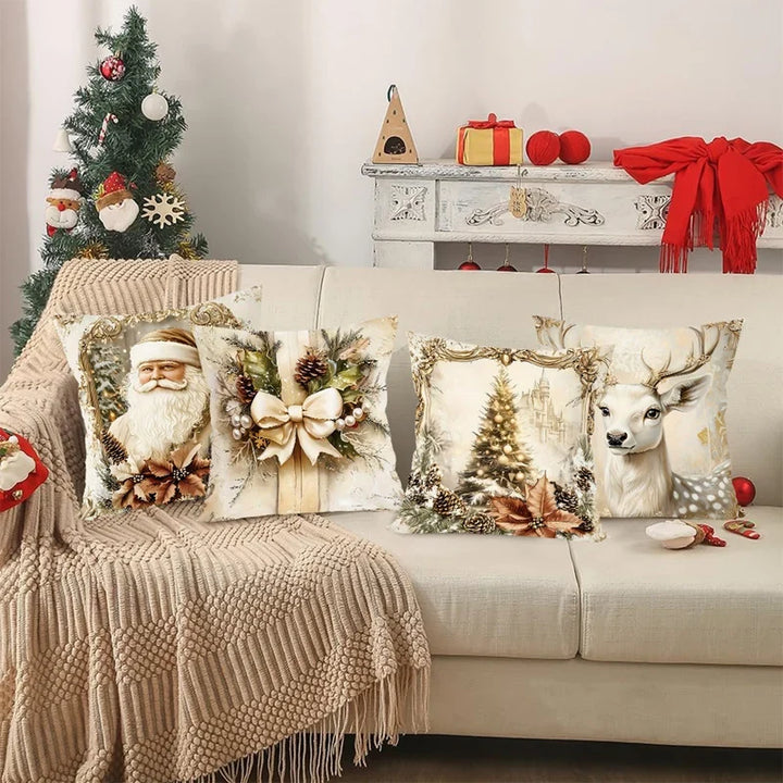 Skanto | GoldenVintage Putetrekk Sett med 4 | Juledesign med Julenisse, Reinsdyr & Sløyfe | Sofa Dekor & Stue | 45×45 cm