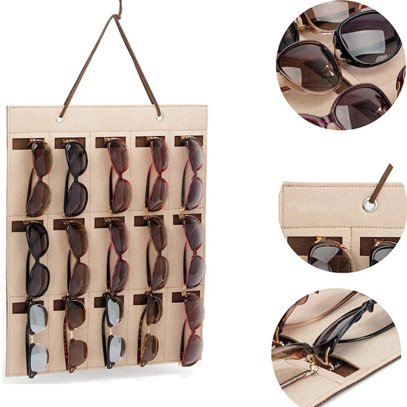 Skanto | GlasSpace Organizer | Veggmontert Brilleholder | Sammenleggbar Solbrilleoppbevaringspose | Plassbesparende & Støvtett | 42 × 38 cm