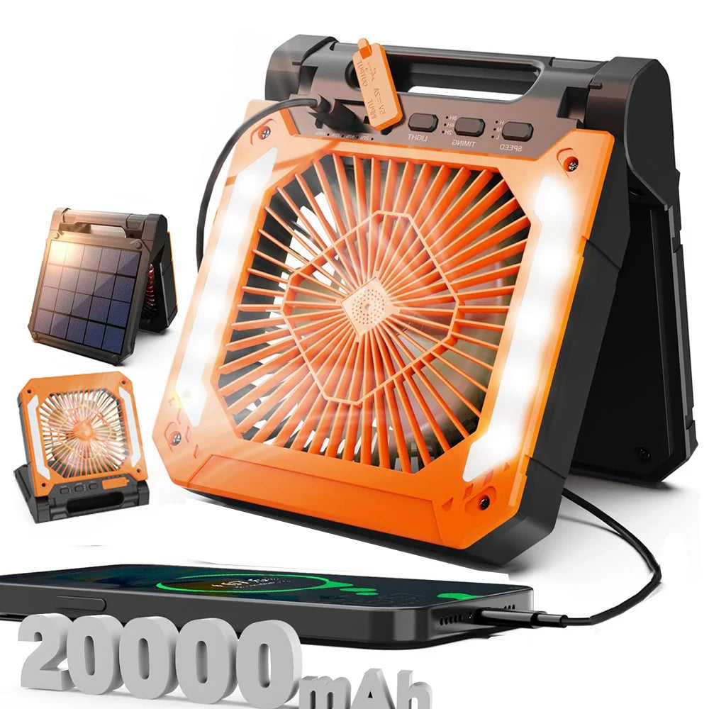 20000mAh Bærbar Elektrisk Vifte med LED Lys — USB, Sol & Bil Lading for Camping | Skanto