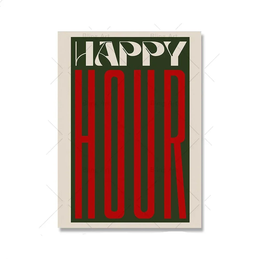 Retro typografisk Happy Hour Bar Cafe Kjøkken Veggkunst Fin Kunst Lerretsutskrifter Bilder for Stue Spisestue Fargerik Kunst Dekor | Skanto