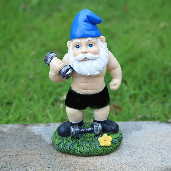 Skanto | Morsom Nisse Figurine laget av Harpiks som Vektløfter for Hagedekorasjon