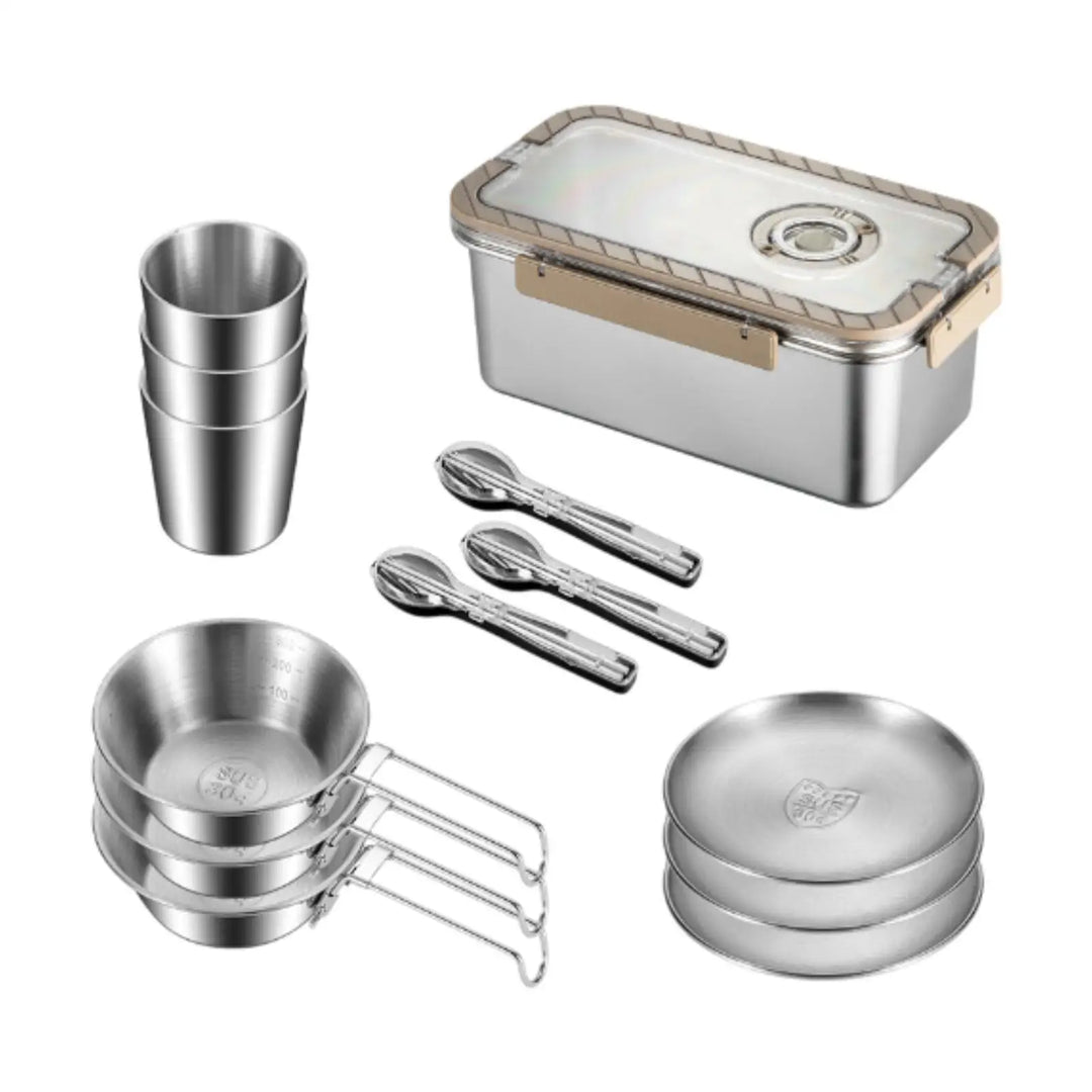 Frendorf | Camping Messware Kit Rustfritt Stål Servise med Oppbevaringsboks – CampSet