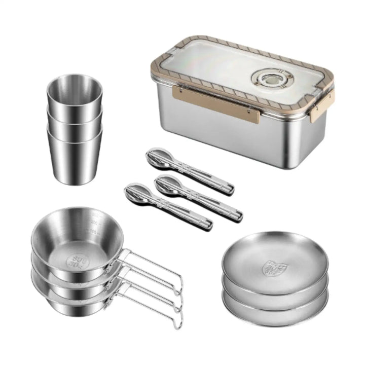 Frendorf | Camping Messware Kit Rustfritt Stål Servise med Oppbevaringsboks – CampSet