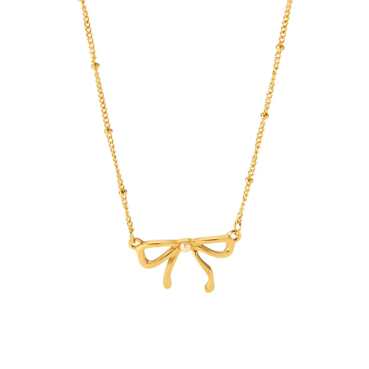 Skanto | 18k Feminine Bow Herringbone & Dainty Pearl Necklace
