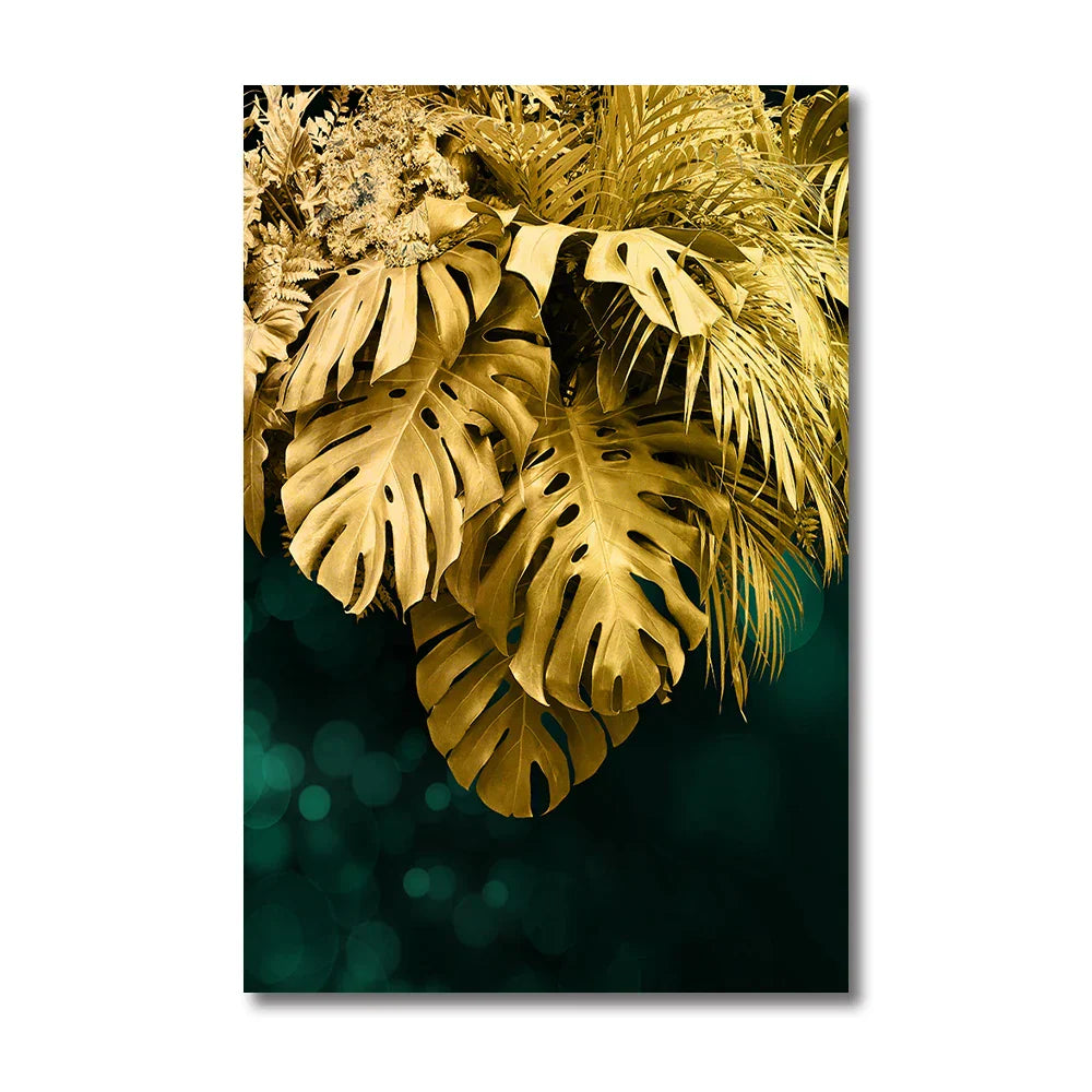 Sett med 3 deler Gyldent blad veggkunst Minimalistisk nordisk tropisk planter Fin kunst lerret trykk bilder for stue spisestue kunst dekor | Skanto