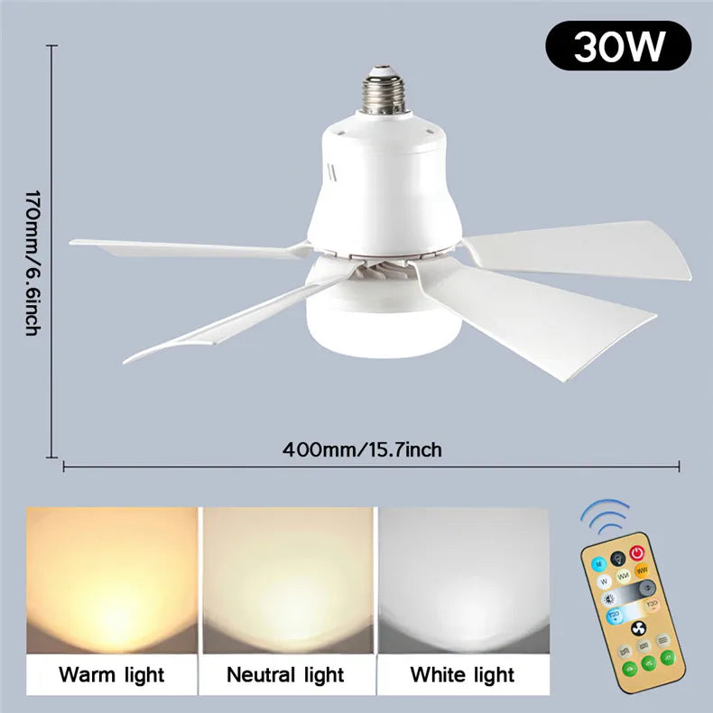 30W E27 Takvifte Lys med Fjernkontroll - LED Dimming Funksjon, Intelligent Stille Vifte for Soverom & Stue | Skanto