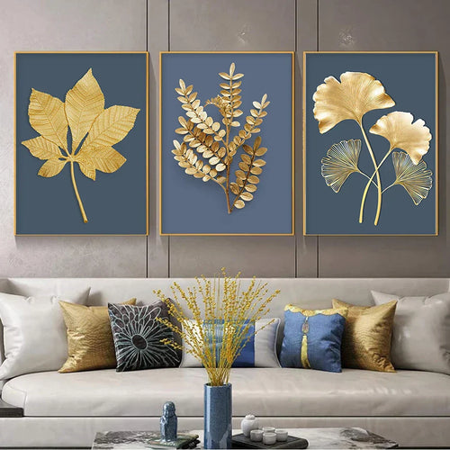 Blå Minimalistisk Gylden Abstrakt Blomster Veggkunst Fine Art Lerret Utskrifter Bilder For Luksus Stue Spisestue Hjemmekontor Kunst Dekor | Skanto