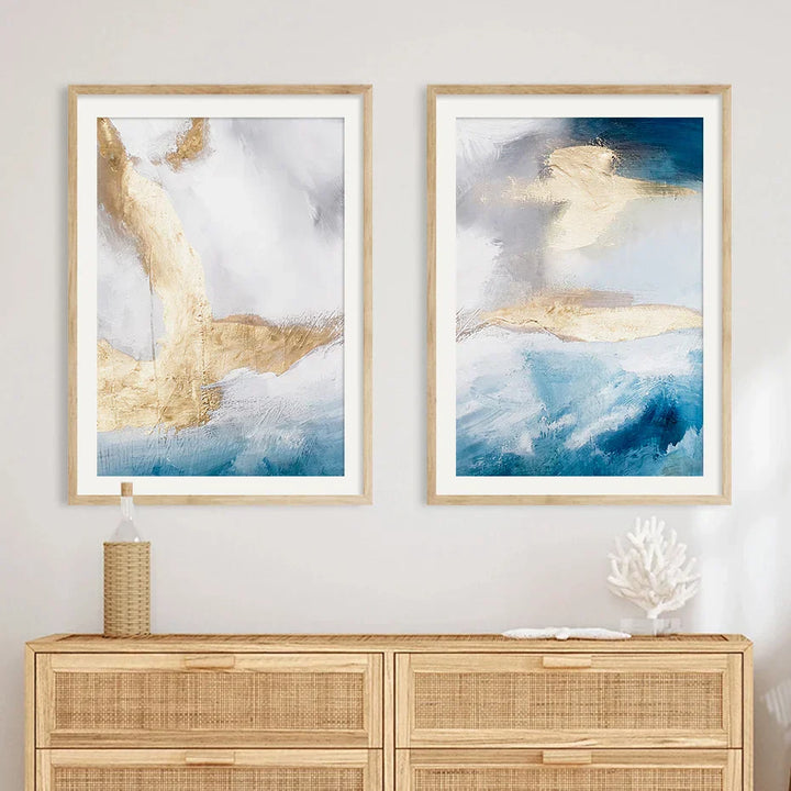 Serene Seascape Veggkunst Abstrakte Havbølger Med Gyldne Accenter Fine Art Lerretstrykk Bilder For Stue Soverom Nordisk Hjem Dekor | Skanto