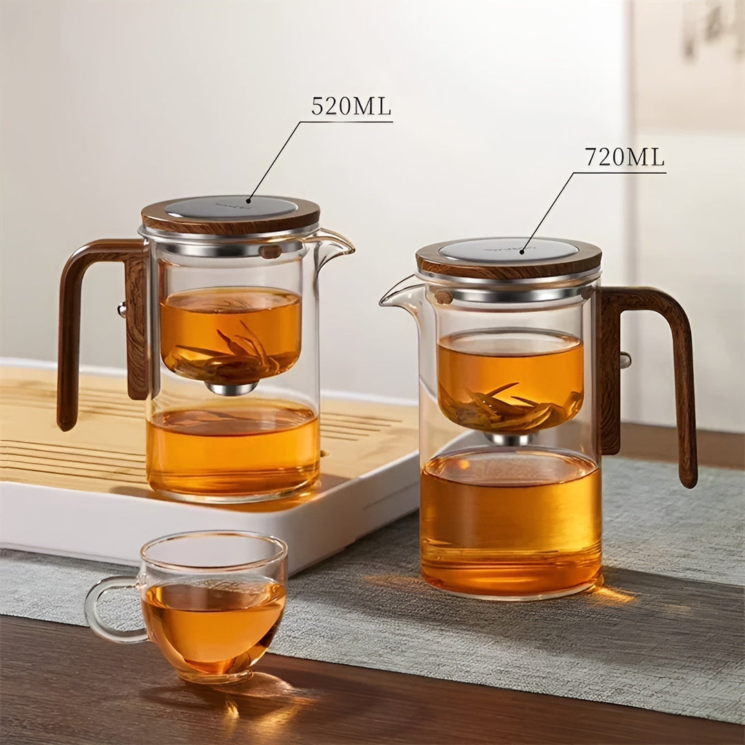 Glasstekanne med trehåndtak – filter med ett klikk | Ideell for løs te og Pu-erh-te