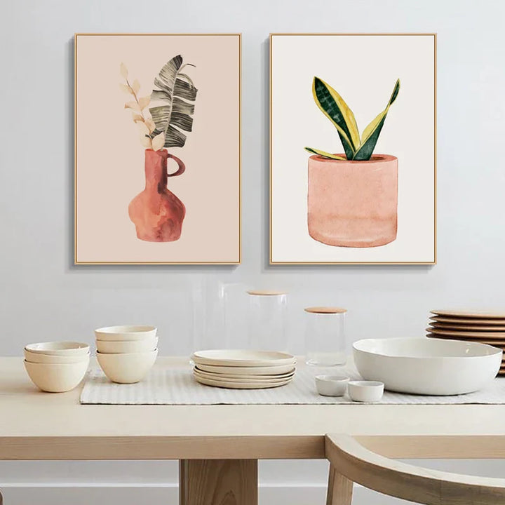 Minimalist akvarell kaktus potteplante grønne blader veggkunst fine kunst lerret utskrifter bilder for spisestue stue kunstdekor | Skanto