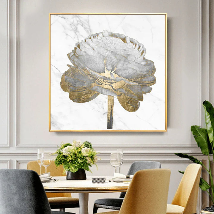Moderne abstrakte blomster veggkunst Fine Art lerretutskrifter kvadratisk format hvite gull blomsterbilder for stue soverom kunstdekorasjon | Skanto