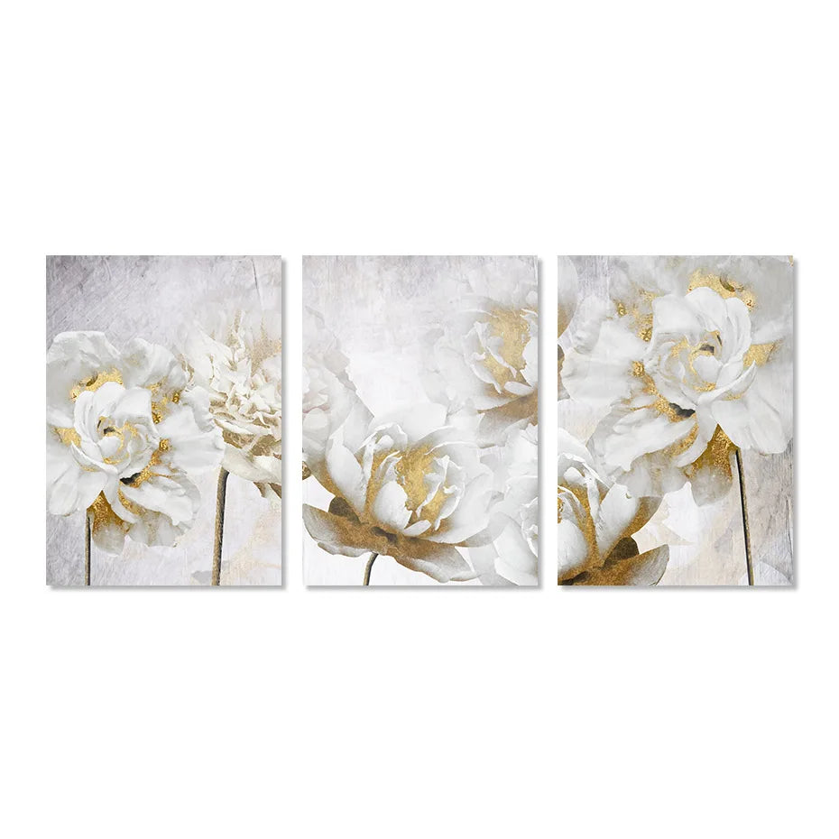 Opulent Blossoms Elegant White Flowers with Gold Accents Canvas Wall Art Fine Art Canvas Prints Posters Floral Pictures For Modern Living Room | Skanto