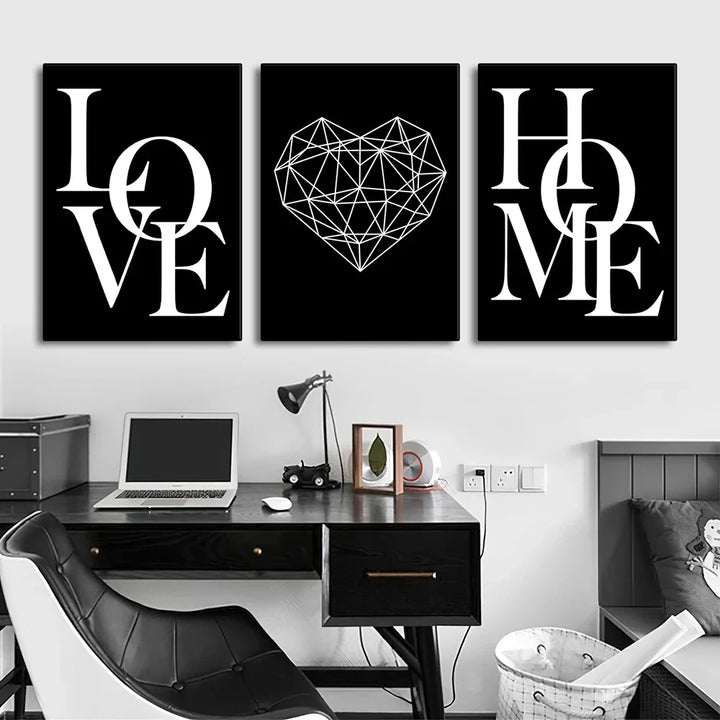 Sett med 3Pcs Geometric Love Home Heart Wall Art Fine Art Canvas Prints Black White Minimalist Posters Pictures For Living Room Bedroom Art Decor | Skanto