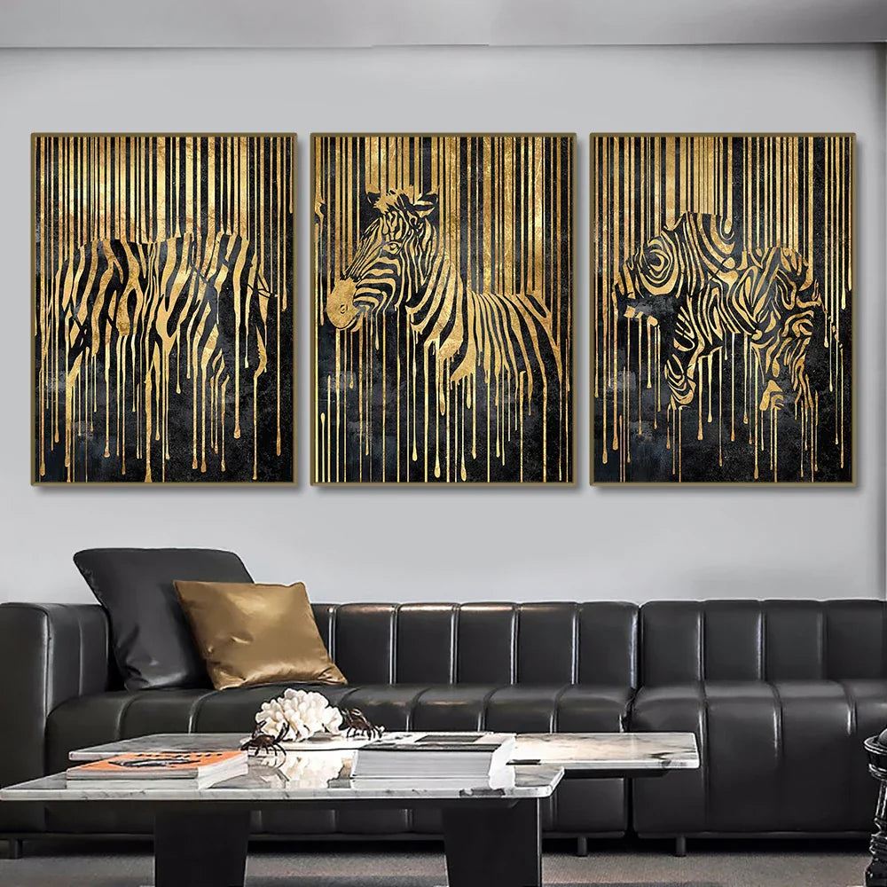 Moderne abstrakte gyldne zebra-linjer løve elefant tiger veggkunst fine art lerret utskrifter bilder for luksus leilighet stue spisestue kunst dekor | Skanto