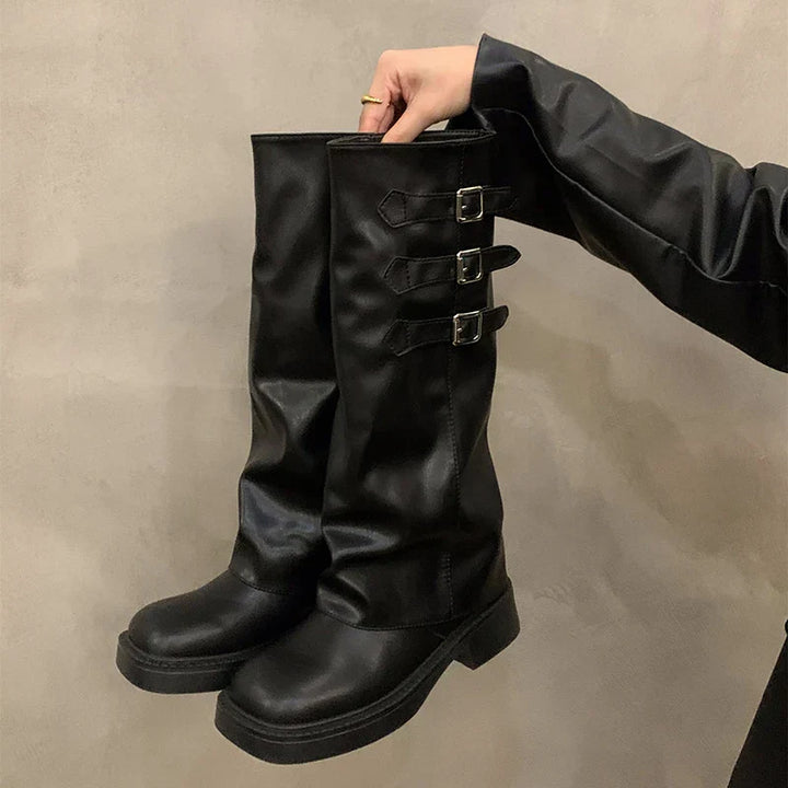 Skanto | Retro Stil Kne-Høye Støvler Kvinner Mote Kvinner Slip-On Ridder Lange Støvler Høst Vinter Kvinner Fottøy