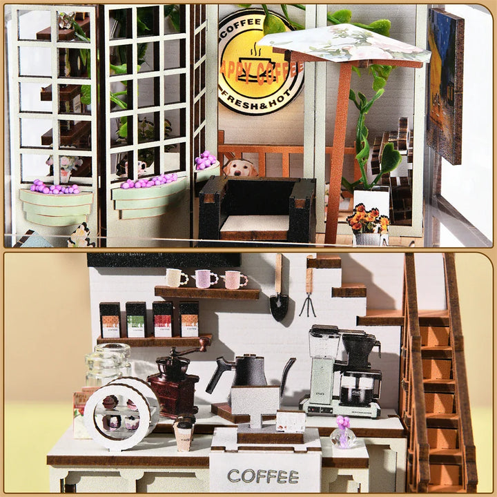Skanto | SoleCaffè DIY Bokhylle | Miniatyr Kaffehus 3D Trebyggesett | Med LED-belysning | Kreativ Bokhylla Diorama & Gaveidé