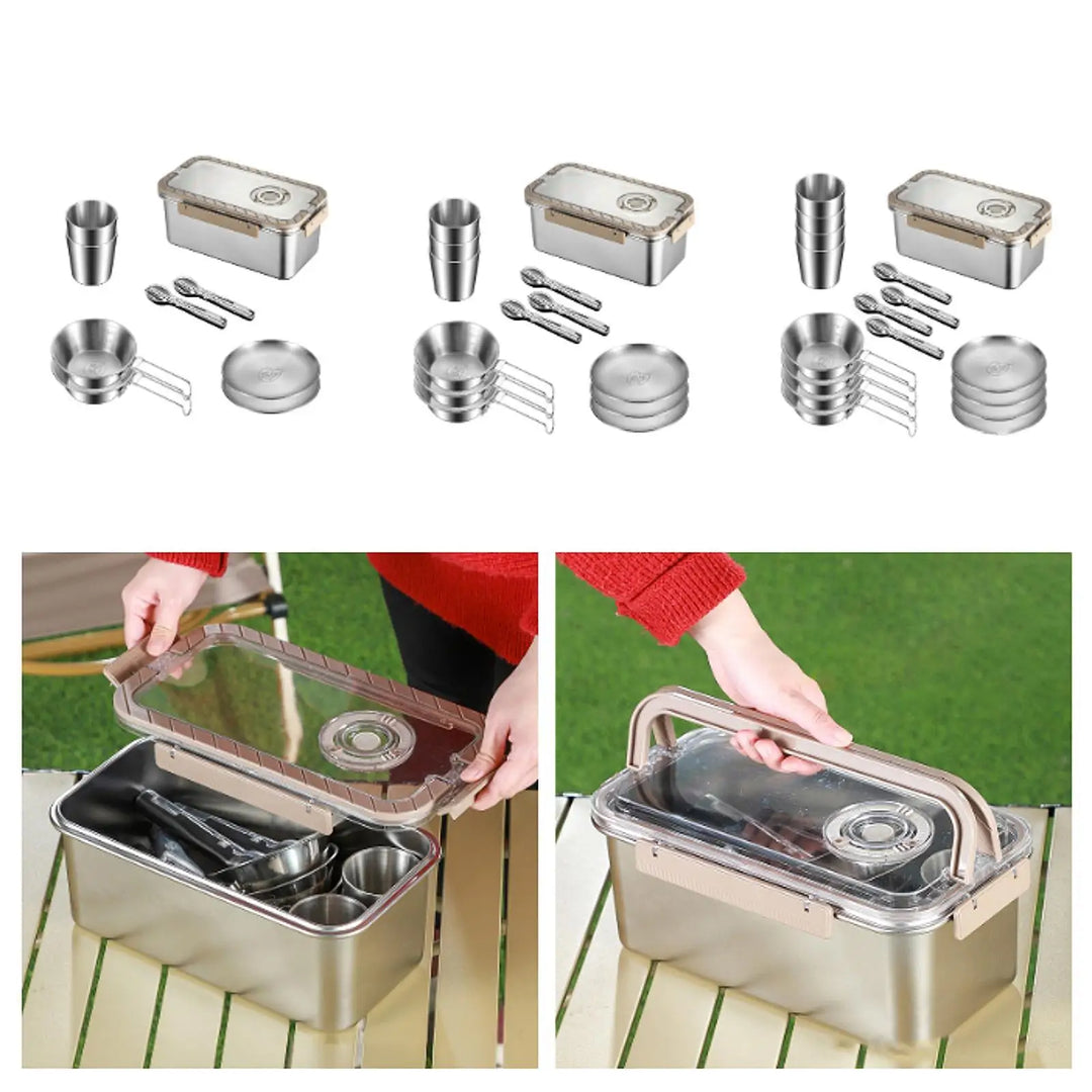 Frendorf | Camping Messware Kit Rustfritt Stål Servise med Oppbevaringsboks – CampSet