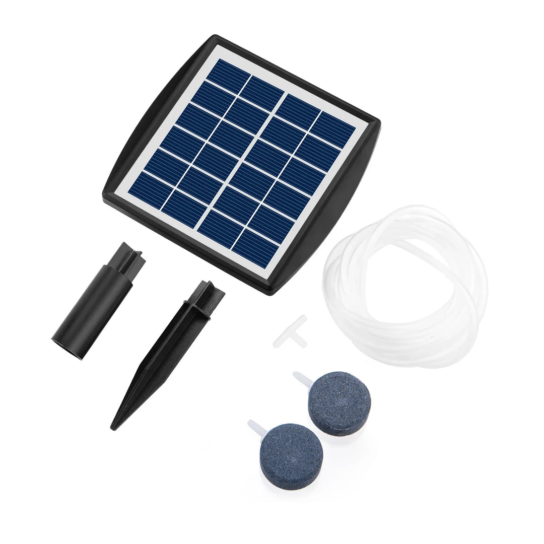 Skanto | AquaSola Solarbetriftet Oksygenpumpe med Batteri | 6V 2W | For Dammer & Akvarier | Inkludert 2 Luftsteiner & 0,25 cm Slange