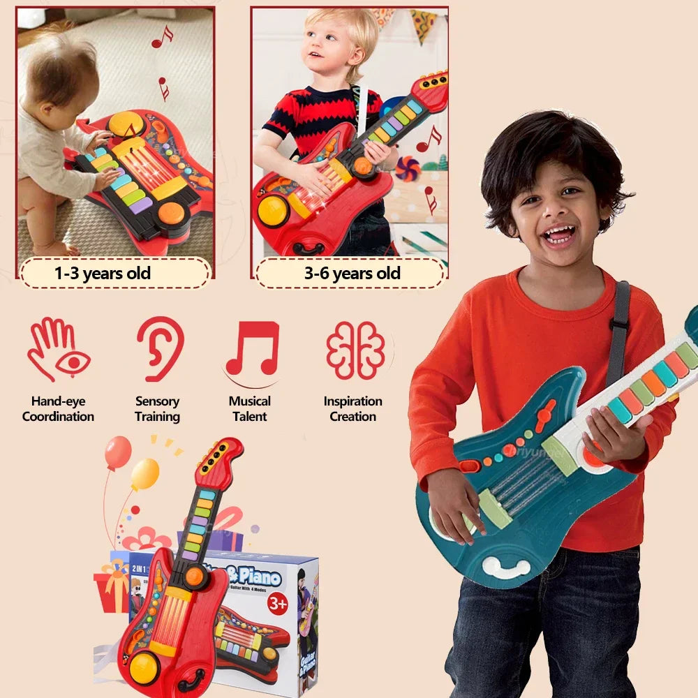 Multifunksjonell 3-i-1 Musikkelek for barn - Foldbar gitar, piano og trommesett, Perfekt bursdagsgave til gutter og jenter fra 3 år+