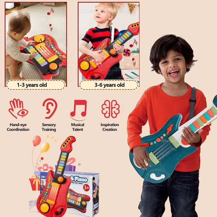 Multifunksjonell 3-i-1 Musikkelek for barn - Foldbar gitar, piano og trommesett, Perfekt bursdagsgave til gutter og jenter fra 3 år+