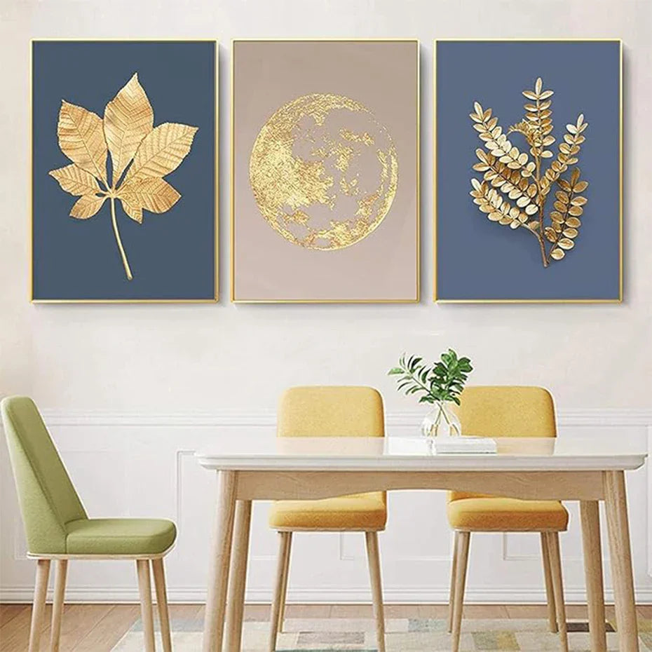 Blå Minimalistisk Gylden Abstrakt Blomster Veggkunst Fine Art Lerret Utskrifter Bilder For Luksus Stue Spisestue Hjemmekontor Kunst Dekor | Skanto
