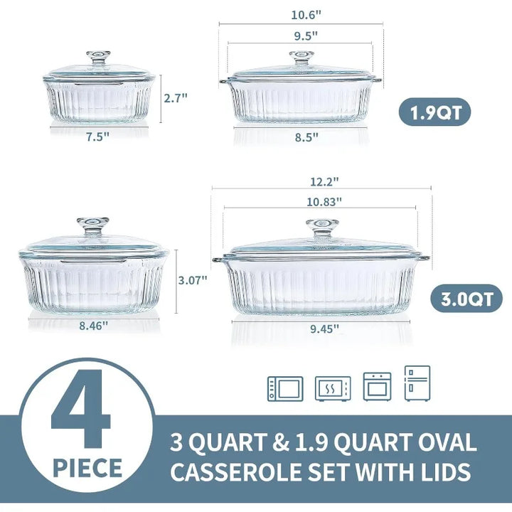 Skanto | 4-delt Glass Bakeware Sett med 2 Bakeware Retter med Glasslokk, 1.9 Qt og 3 Qt
