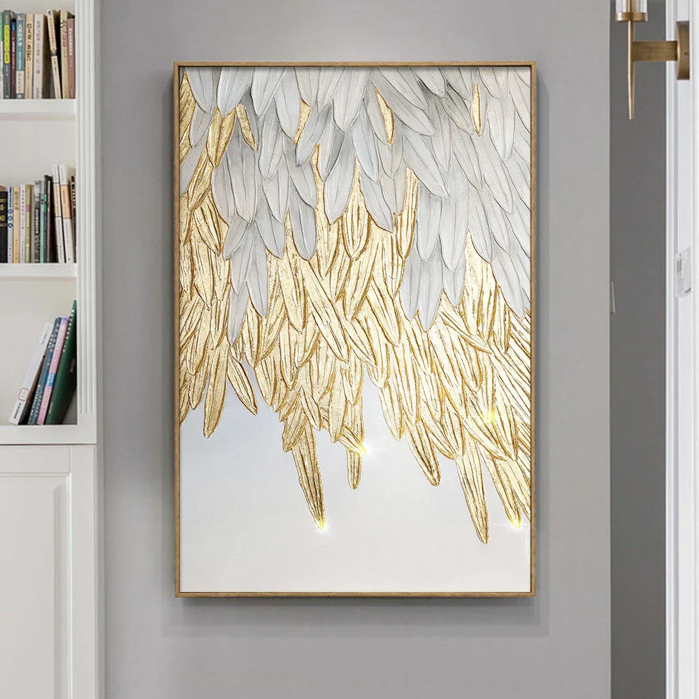 Moderne Abstrakt Gylden Fjærdesign Veggkunst Fin Kunst Lerretsutskrifter Bilde For Luksus Stue Soverom Entré Foyer Kunst Dekor | Skanto