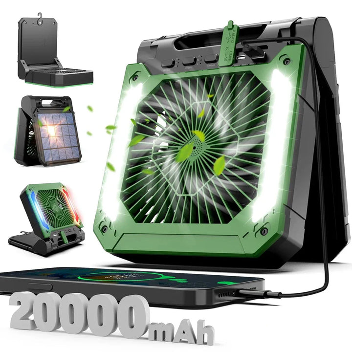 20000mAh Bærbar Elektrisk Vifte med LED Lys — USB, Sol & Bil Lading for Camping | Skanto