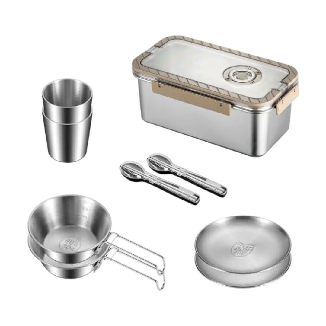 Frendorf | Camping Messware Kit Rustfritt Stål Servise med Oppbevaringsboks – CampSet