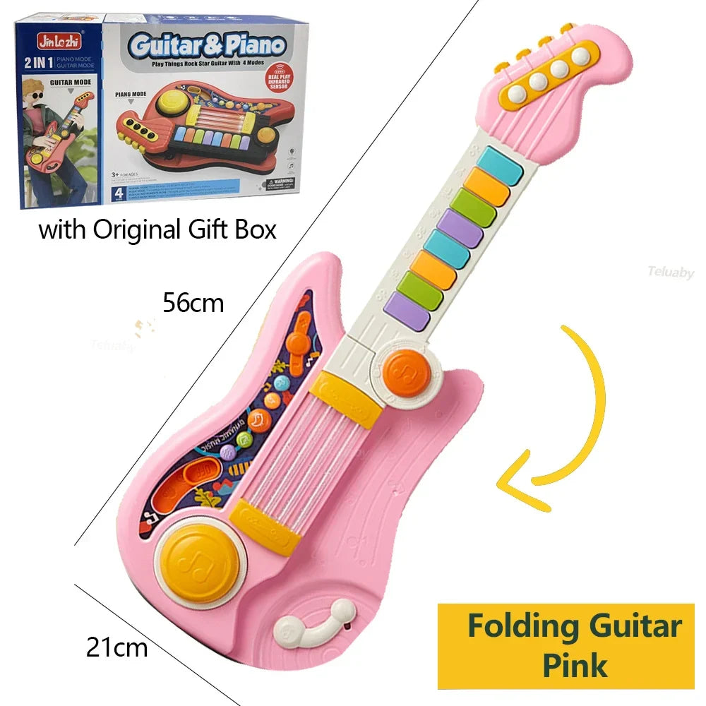 Multifunksjonell 3-i-1 Musikkelek for barn - Foldbar gitar, piano og trommesett, Perfekt bursdagsgave til gutter og jenter fra 3 år+
