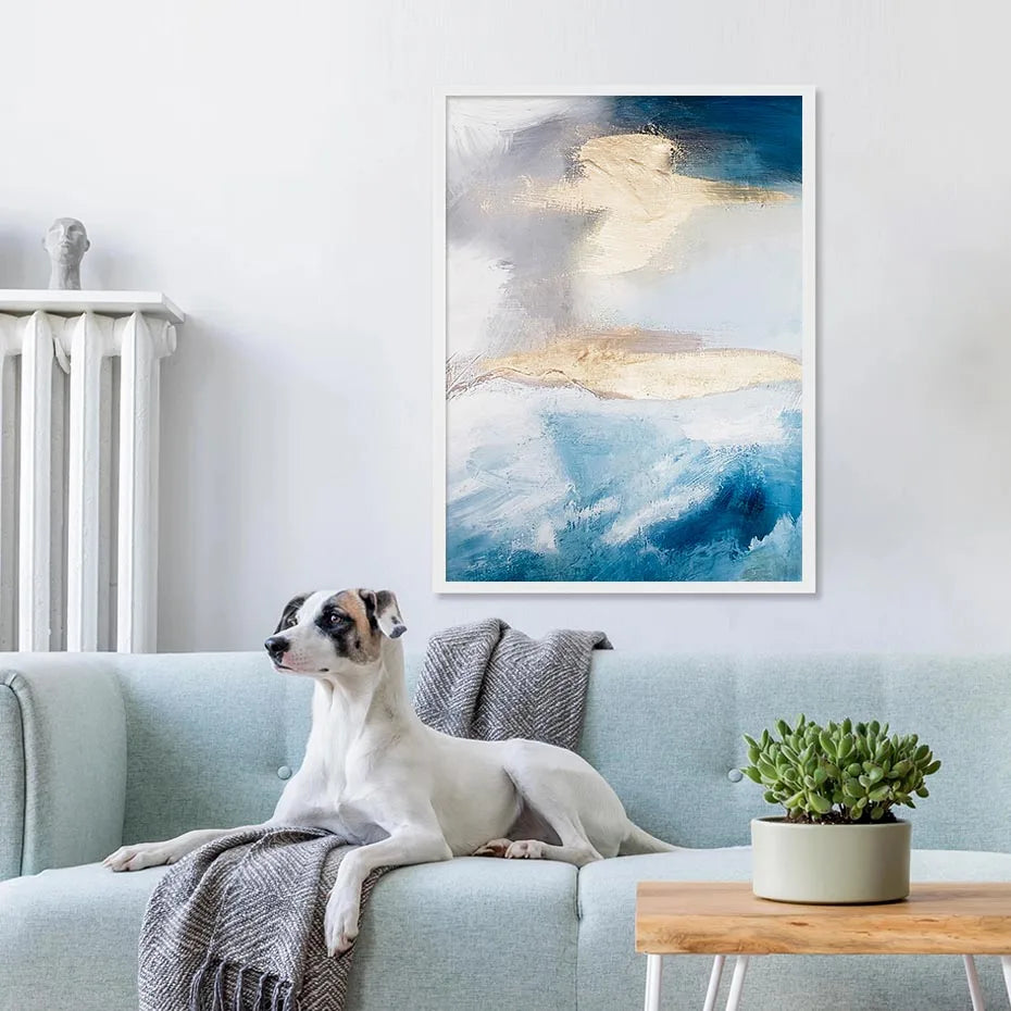 Serene Seascape Veggkunst Abstrakte Havbølger Med Gyldne Accenter Fine Art Lerretstrykk Bilder For Stue Soverom Nordisk Hjem Dekor | Skanto