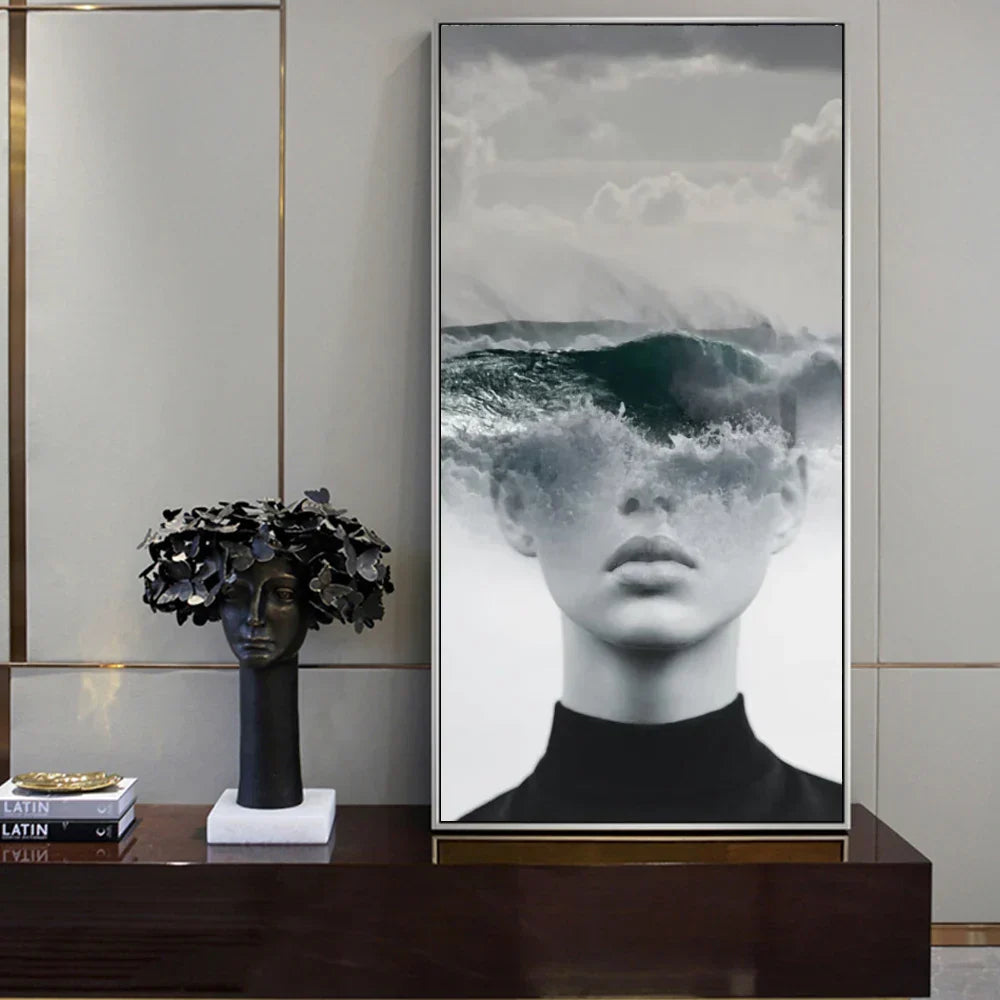 Moderne Abstrakte Portrett Superposisjon Landskap Veggkunst Fine Art Lerrettrykk Svart Hvit Bilder For Moderne Stue Entré Foyer Kunst Dekor (Uten Ramme) | Skanto