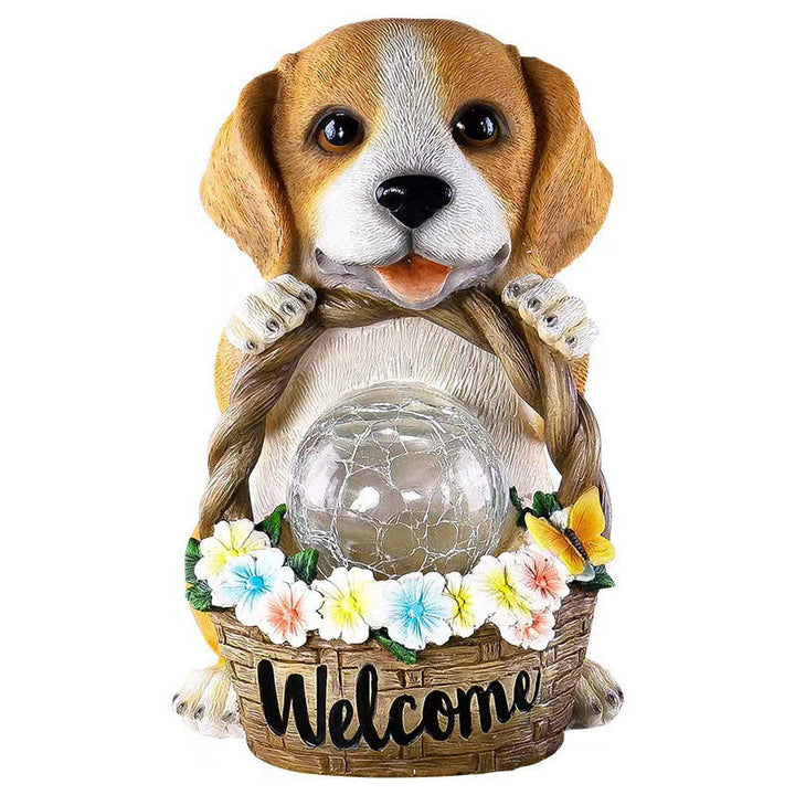 Solcelledrevet LED-hagelampe «Puppies Welcome» laget av harpiks