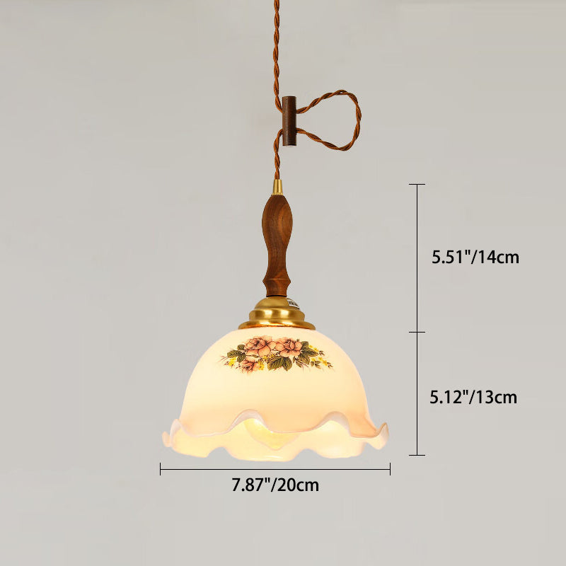 Skanto | Tradisjonell Vintage Messing Snor Valnøtt Glass Blomst Buet 1-Lykt Pendellampe For Spiserom