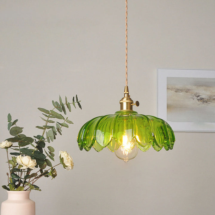 Skanto | Moderne Art Deco Solsikke Lotusblad Glasskjerm Messing 1-Lys Pendellampe for Stue