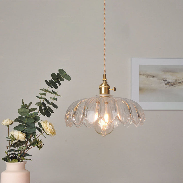 Skanto | Moderne Art Deco Solsikke Lotusblad Glasskjerm Messing 1-Lys Pendellampe for Stue